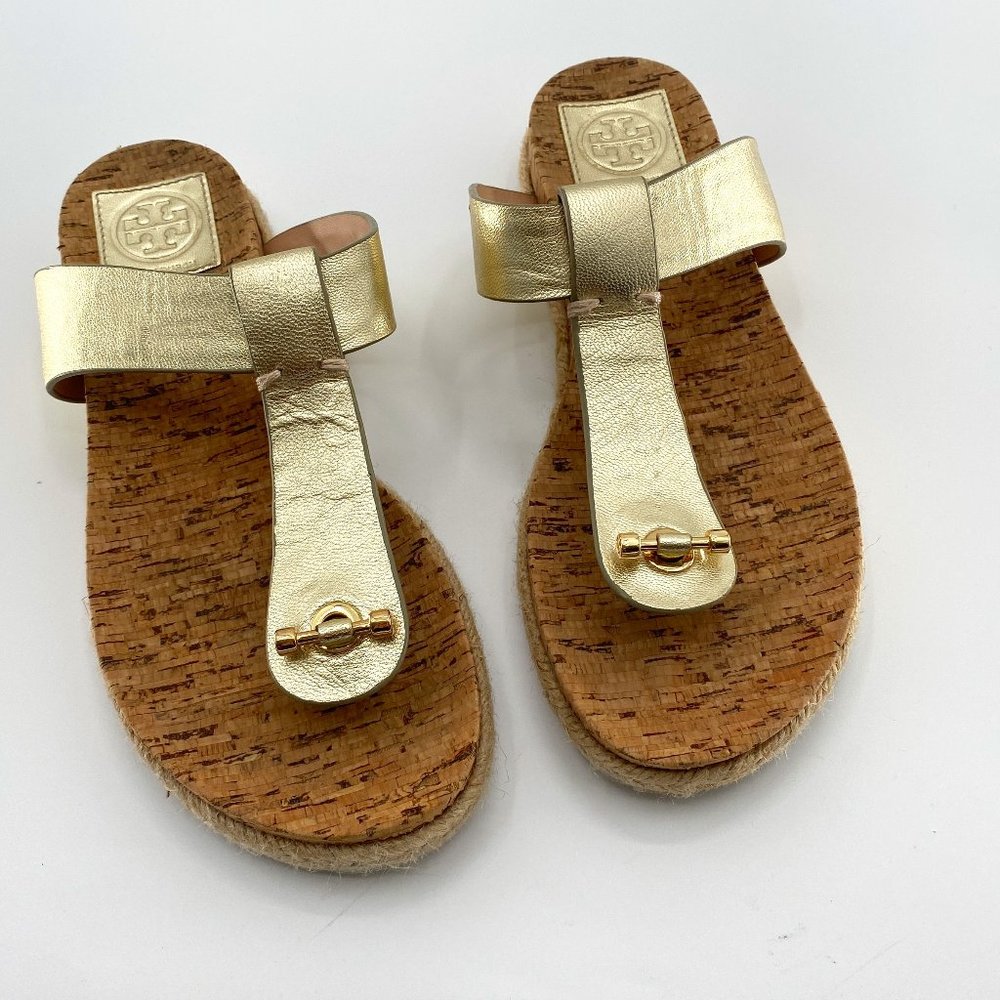 Tory Burch Gold Metallic Cork Footbed Flat Thong Sandals